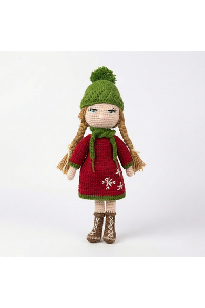 Prime Sleeks El Örgüsü Amigurumi Kız Bebek 30 cm Pamuklu Kırmızı Elbiseli Uyk...