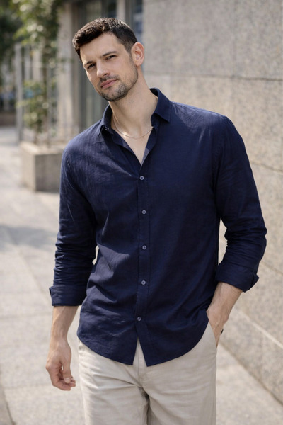 Valiberta Scott – Soft Dokulu Yarım Oversize Modern Erkek Gömlek - Lacivert