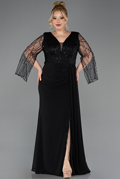 Abiyefon Siyah Üstü Pullu Uzun Kol Şifon Büyük Beden Abiye ABU5624