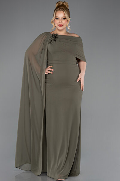 Abiyefon Haki Pelerinli Tek Omuz Uzun Şifon Büyük Beden Abiye ABU5419