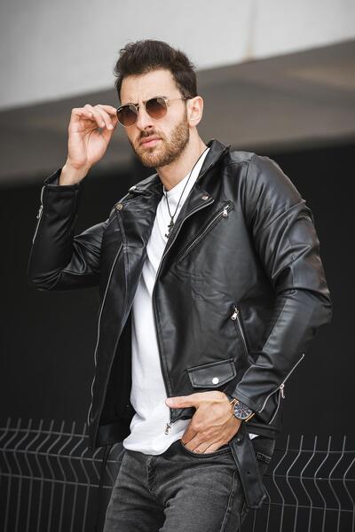 Oksit Мъжко кожено яке Castries със страничен колан с цип