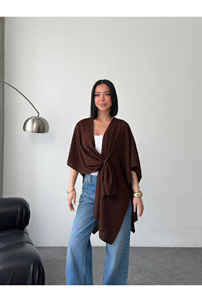 MODAMERSİ Women's Brown Front Detailed Poncho Cardigan