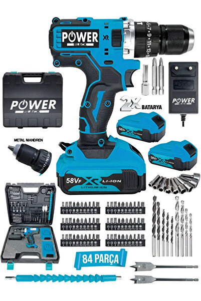 POWER BLACK Ultragüçlü 12v Darbeli Şarjlı Matkap Metal Şanzıman Bakır Sargılı Çift Akülü 17 Parça Set Powerblack
