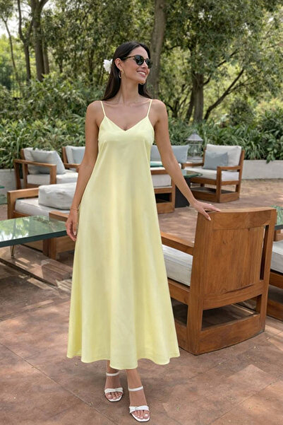 oshebu Sarı – Askısı Ayarlanabilir Pamuklu Yazlık Kadın Uzun Elbise