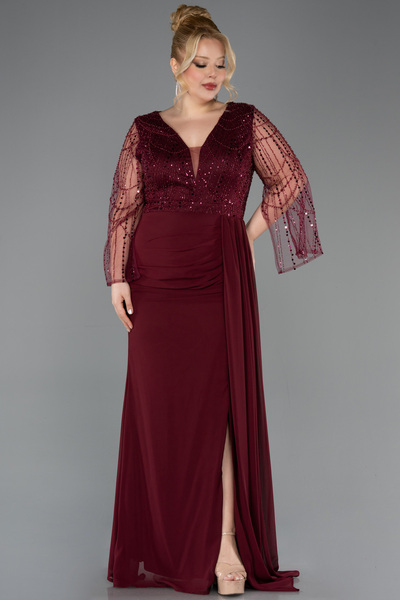 Abiyefon Bordo Üstü Pullu Uzun Kol Şifon Büyük Beden Abiye ABU5624