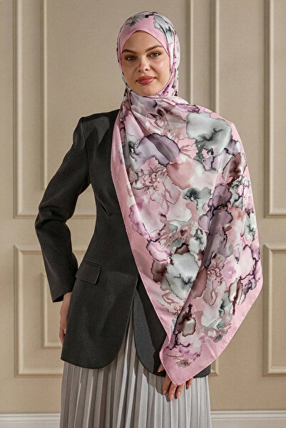 SilkTouch Pembe Mermer Bulutu Desenli Fransız İpeği Şal