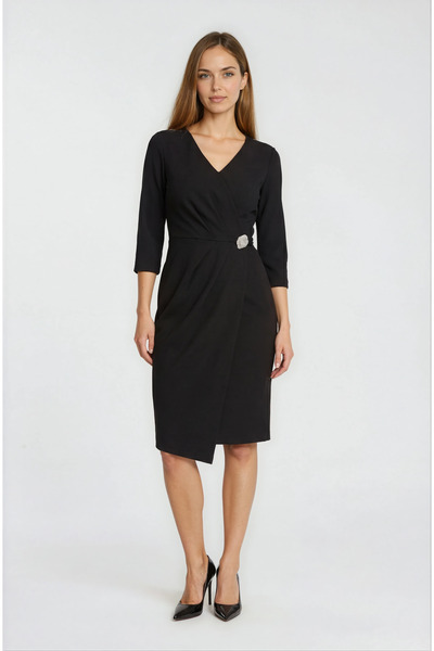 Spazio Cannata Pileli V Yaka Kısa Abiye Elbise SİYAH