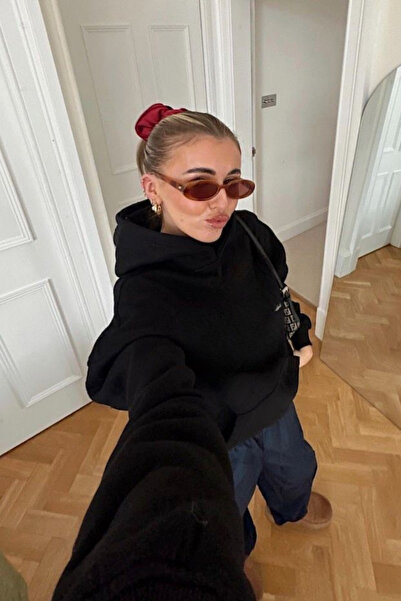 Le'Sluette Γυναικείο φούτερ oversized βαμβακερό απλό με κουκούλα μαύρο