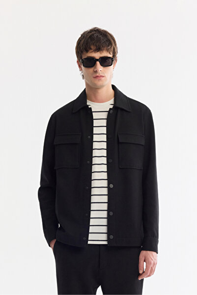 Avva Men's Black Classic Collar Diagonal Double Pocket Cover Knitted Shirt Ja...