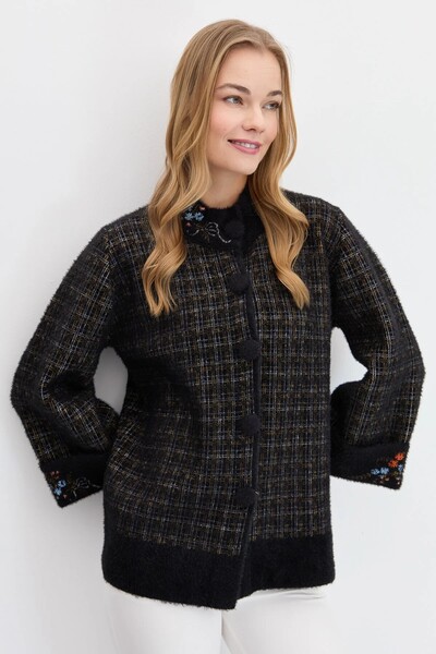 Desen Hakim Yaka Kareli Truvakar Kol Siyah Kadın Ceket DSN24K23398