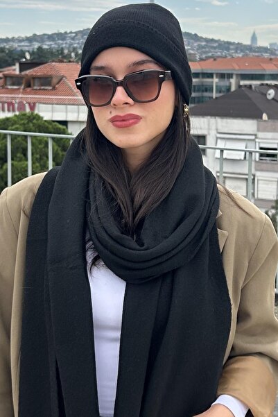 Mollycrush Set de beretă și eșarfă neagră de iarnă pentru femei |   Set elega...