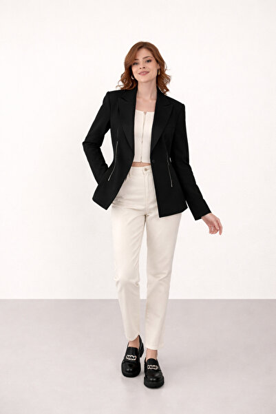 happinice Çift Cep Fermuar Detay Blazer Ceket