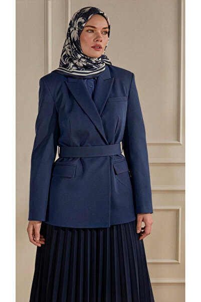 SilkTouch Navy Blue Peony Pattern Crystal Scarf
