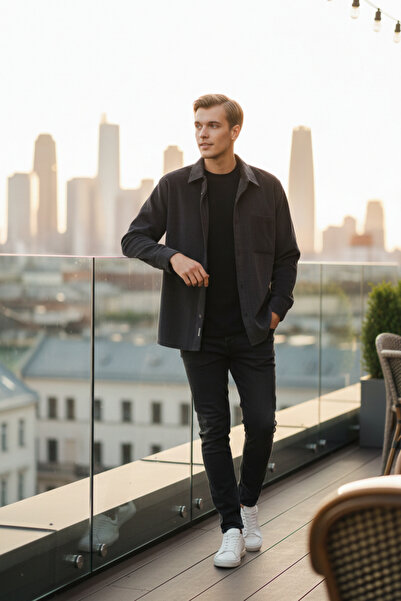 Smc by Semco Apaş Yaka Tek Cepli Düğmeli Koyu Antrasit Kadife Erkek Gömlek Yı...