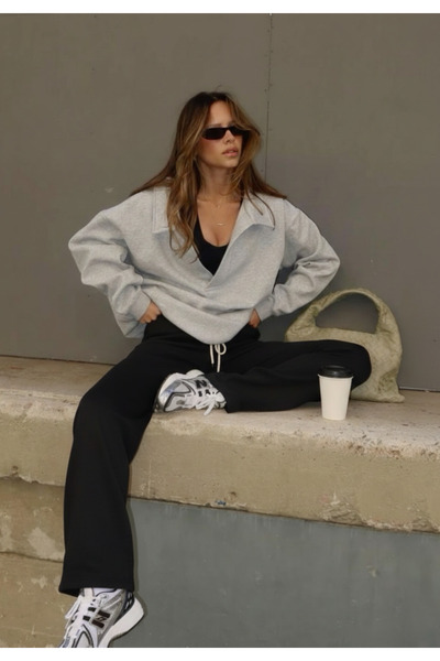 schlank Kadın Siyah İçi Polarlı Kışlık Bağcıklı Yüksek Bel Bol Paça Eşofman Altı