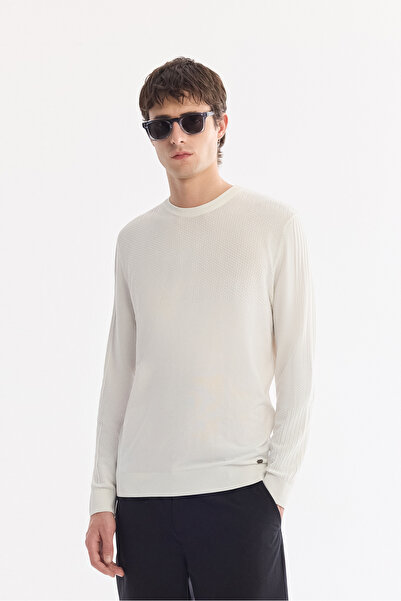 Avva Men's Ecru Crew Neck Pullover with Knitted Detail on Front and Sleeves, ...