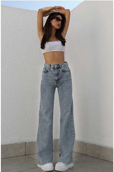 Trn JNS Ess Kadın Açık Kar Salaş Likralı 90's Süper Yüksek Bel Salaş Paça Kot...