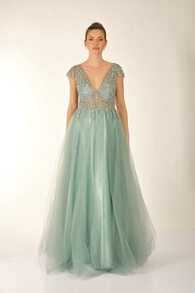 Favore Kadın Taşlı Tül Detaylı Abiye Elbise 2422033