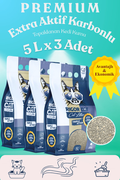 RIGOR CAT Extra Aktif Karbonlu Topaklanan Kedi Kumu 3x5 Lt
