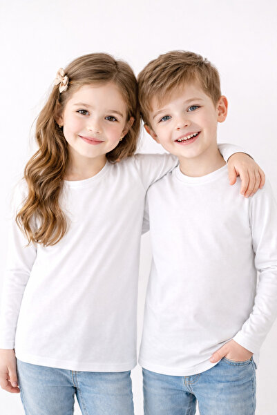 PİNUPTEX Erkek / Kız %100 Pamuk Beyaz Uzun Kollu Basic T-shirt
