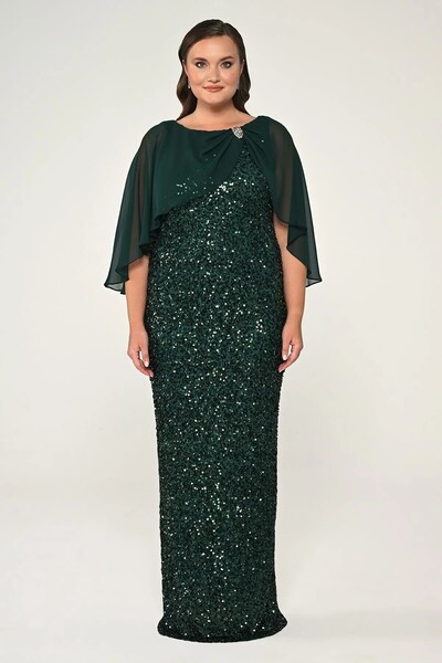 ALFABETA فستان سهرة طويل من ألفا بيتا شال شيفون وبروش ترتر 2246784