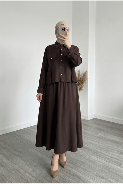 MİHRA STORE Ecem Κοστούμι με κουμπιά από χάντρες και φούστα με πιέτες - MF589...