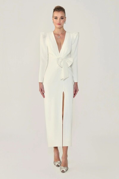 ALFABETA Alfa Beta Womenv Neck Long Sleeve Slit Long Evening Dress 2245625