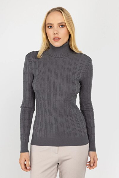 ON TRİKO سترة نسائية ذات ياقة مدورة منقوشة باللون الرمادي 23226333