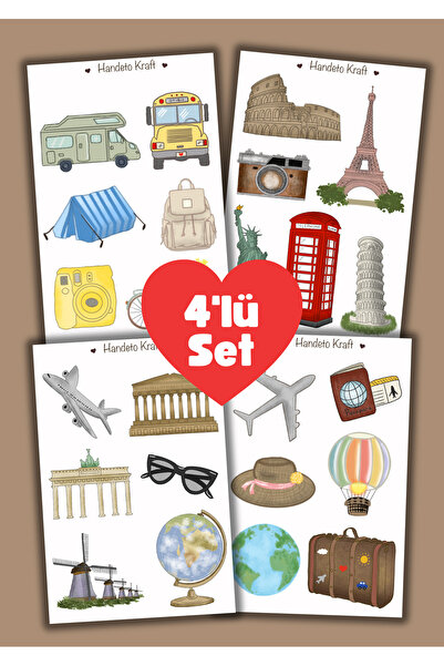 Handeto Kraft Valiz Temalı 4lü Çoklu Sticker Seti, Çıkartma, Scrapbook, Bulle...