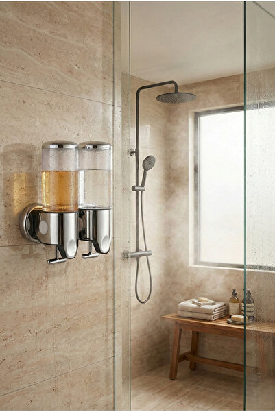 ŞekerHome 2'li Duvara Yapışan Paslanmaz Çelik Şeffaf Şampuanlık ve Sabunluk Seti