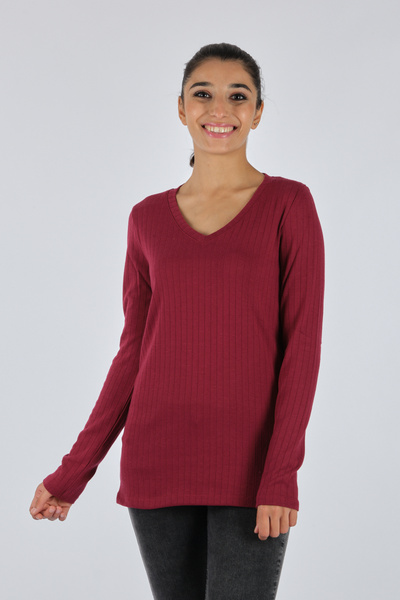 DAIDO V-izrez, cvetni, dugi rukavi, trešnja, ženska Pamučni džersej 21200805