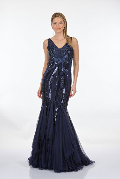 ANKYRA Kadın V Yaka Balık Kesim Pullu Abiye Elbise 23Y1502