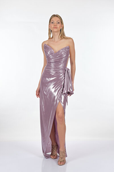 ALFABETA Alfa Beta Straplez Önden Yırtmaçlı Parlak Şifon Uzun Abiye Elbise