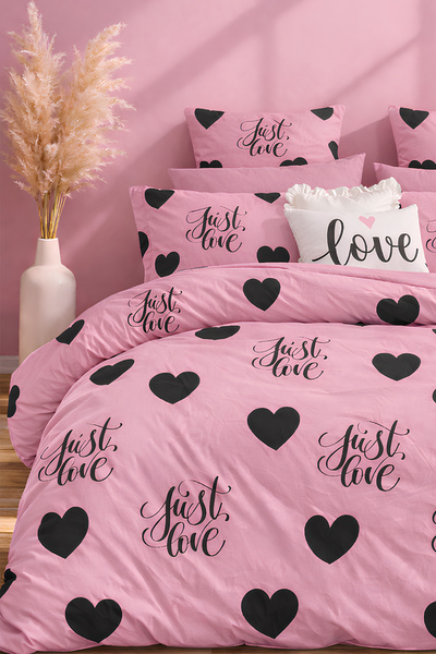 İQON Lastikli Çarşaflı Nevresim Takımı Tek Kişilik Just Love Pembe