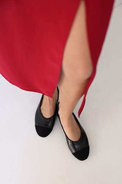 LUTVELIZADE Babet 2605 - Oval Burun Süet Detaylı Siyah Kadın Babet