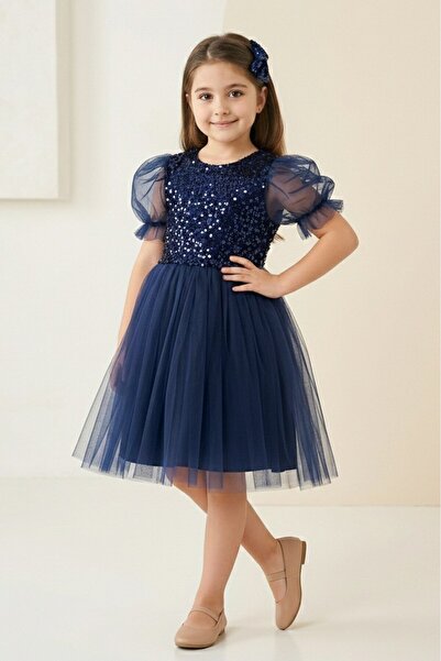 Mnk Baby&Kids Balon Kol Pul Payet Kız Çocuk Tütü Elbise M00751 LACİVERT