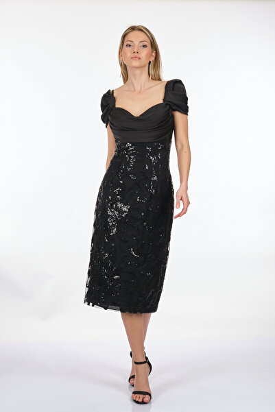 ALFABETA Alfa Beta Degaje Yaka Düşük Kol Payetli Midi Boy Kadın Abiye Elbise ...