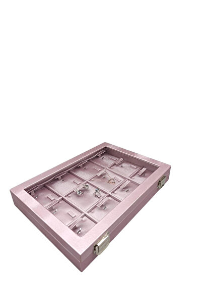 MeGass Dekor Yeni Cam Kapaklı İmera Deri Kumaş Pembe Renk 34 cm / 24 cm Bölme...