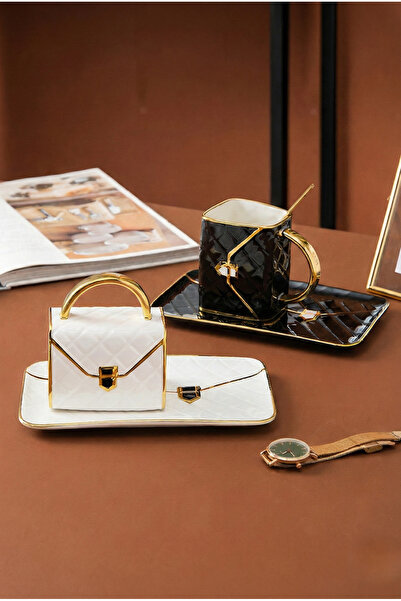 ŞekerHome Çanta Tasarımlı Porselen Kahve Fincanı ve Tabak Seti Altın Detaylı