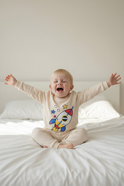 aden kids Εποχιακό σετ παιδικών πιτζαμών από βαμβακερό ύφασμα, χρώμα μπεζ