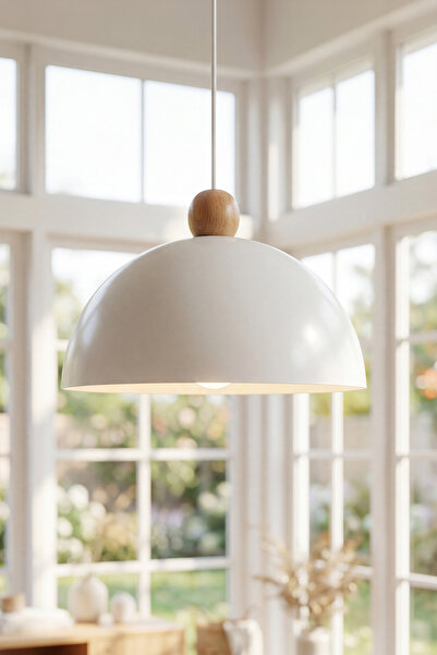 Marrien Luna Bohem Ahşap Boncuklu Beyaz Metal Sarkıt (30 cm) Yemek Masası Üst...