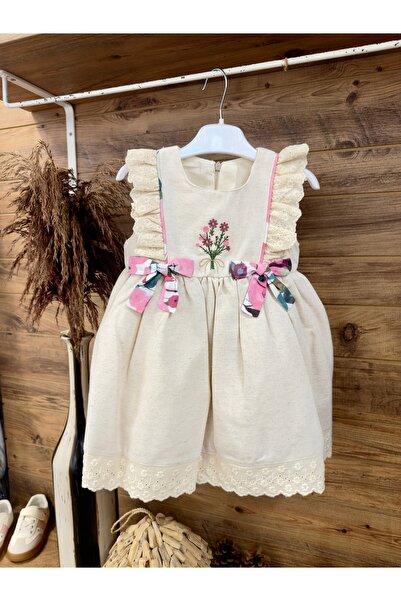 BİLGEN Style Girl's Linen Floral Embroidered Bowknot Holiday Dress