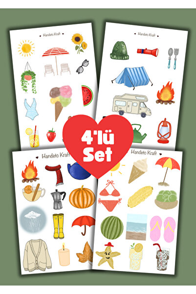 Handeto Kraft Mevsim Temalı 4lü Çoklu Sticker Seti, Çıkartma, Scrapbook, Bull...