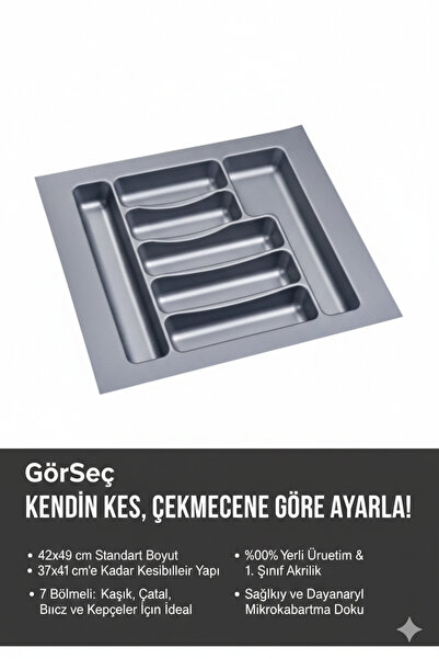 GörSeç Gri 2li Set 42x49 Cm 42 Cm Çekmece içi Kaşıklık Kepçelik 36X40 CM KESİLEBİLİR organizer Düzenleyici