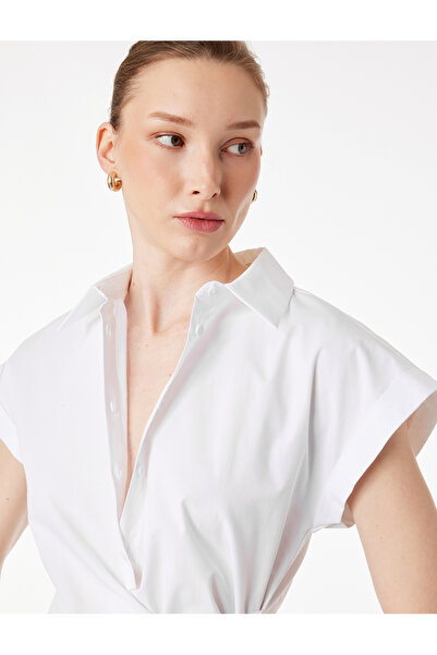 Koton Cotton Slim Fit Cap Sleeve Poplin Shirt with Front Tie Detail