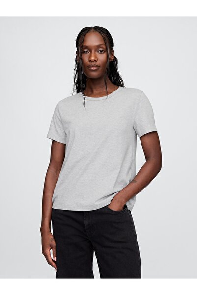 GAP Kadın Açık Gri %100 Pamuk VintageSoft Bisiklet Yaka T-Shirt