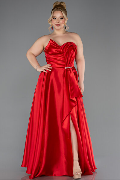 Abiyefon Kırmızı Straplez Yırtmaçlı Uzun Saten Büyük Beden Abiye ABU5650