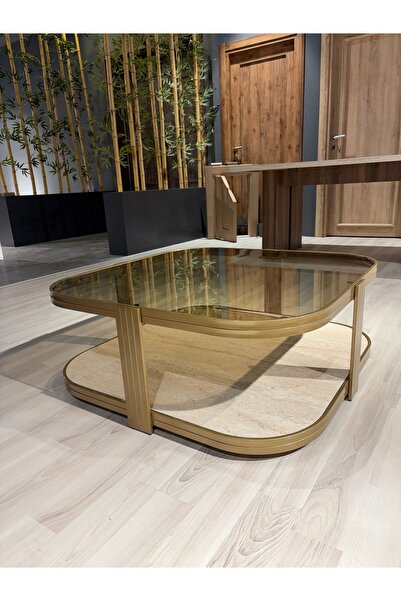 Lisso Valencia Orta Sehpa –Gold Eskitme Temperli Füme Cam & Metal Gövde Moder...