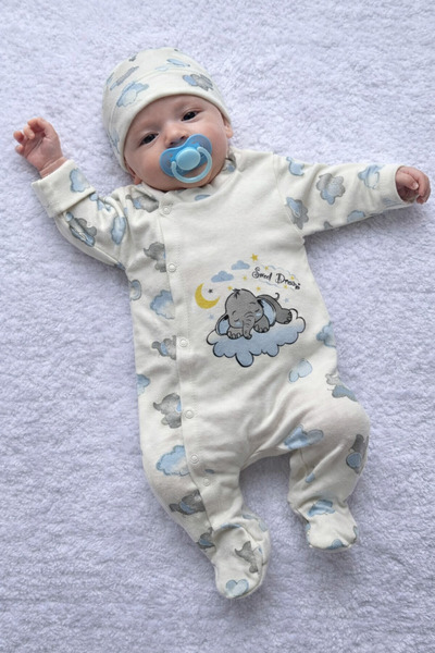 MBK GARDEN Bulut ve Fil Desenli Pastel Renkli Şapka Aksesuarlı Bebek Tulum Set