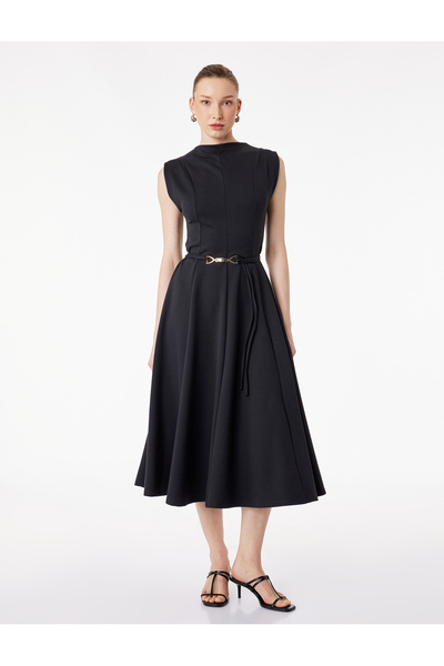 Koton فستان متوسط الطول بدون أكمام بياقة مستديرة وحزام